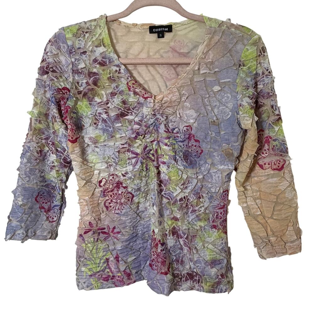 Sm Vtg 90s Y2k Cubism Top 3/4 Sleeves Boho Art-to-wear Abstract Fairy Grunge 3D